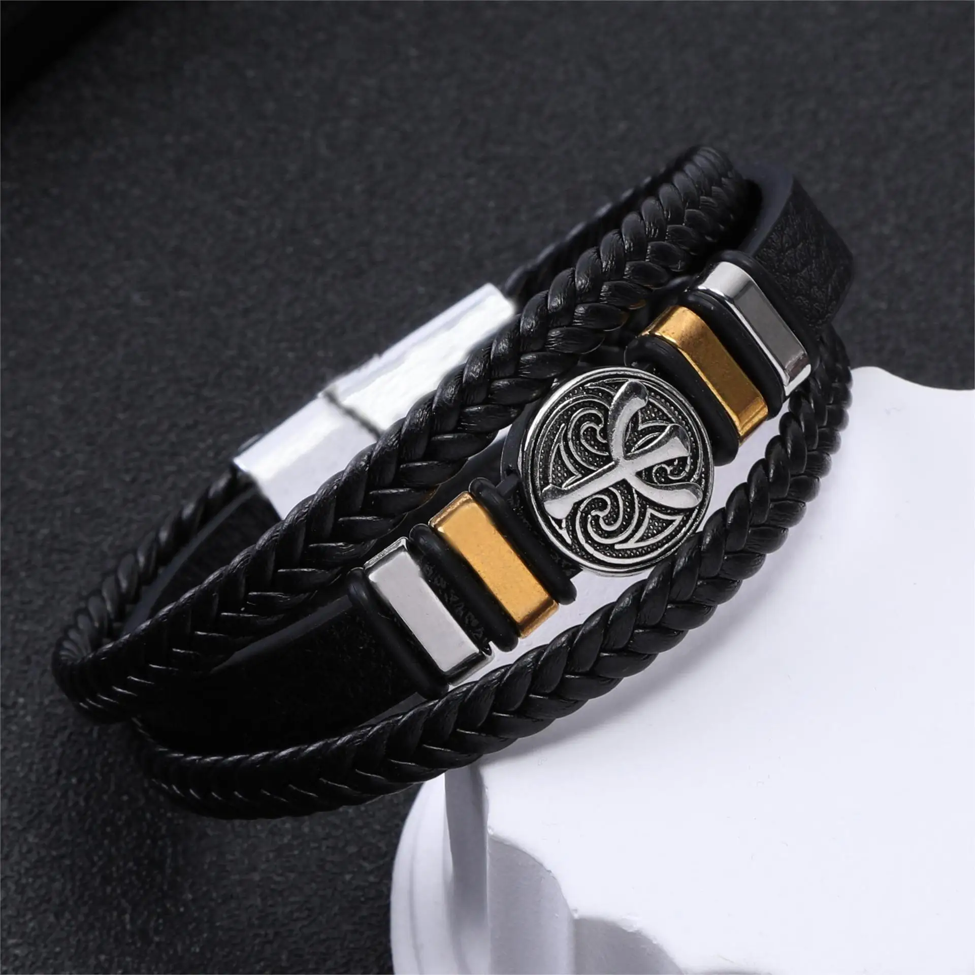 New style Punk Gentleman All-match Hand rope Attachment Magnet clasp Leather Hand multilayer weaving Stainless steel Bracelet