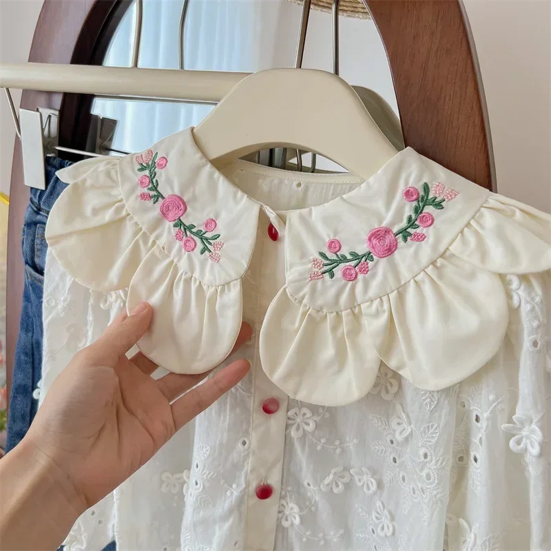 New Girl Doll Shirt Children Spring Clothes Korean Embroidered Shirt Foreign Style Baby Fashionable Top Korean Simple Style