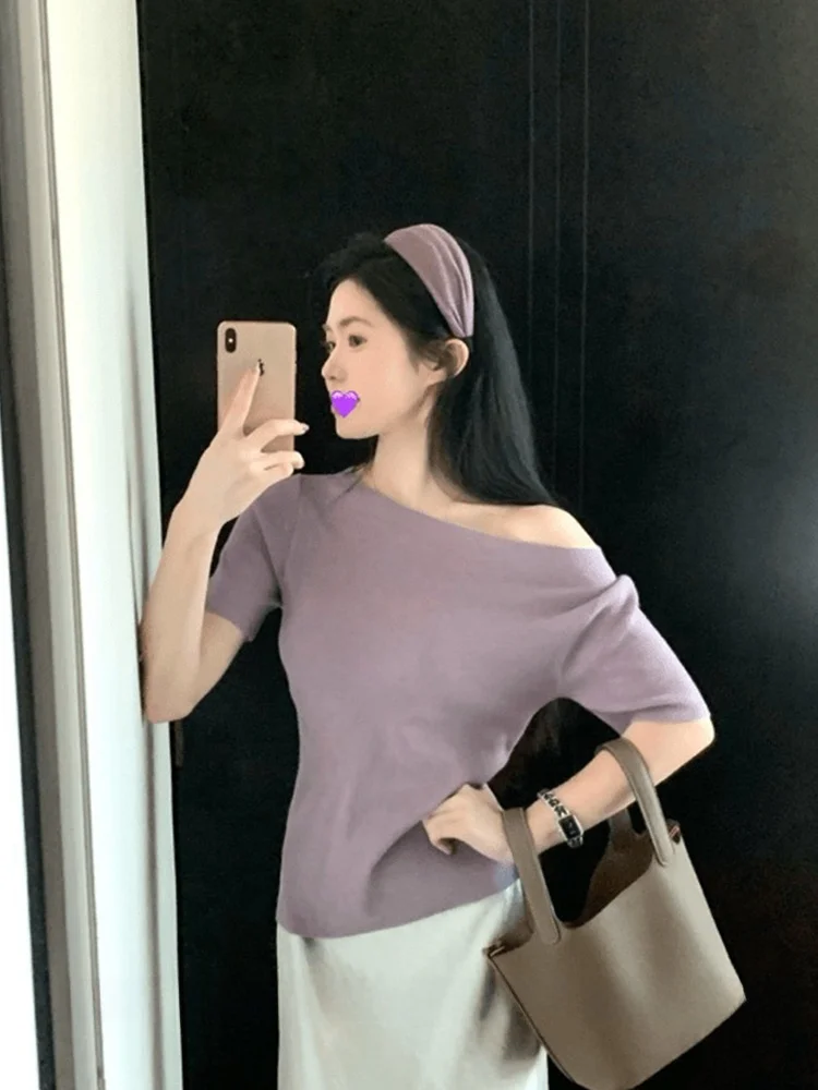 

Korean Sle ort Sve Knitted Top Women Summer Pure Desirable Gentle Lazy Slimming ort oulder Baring irt Commute El...