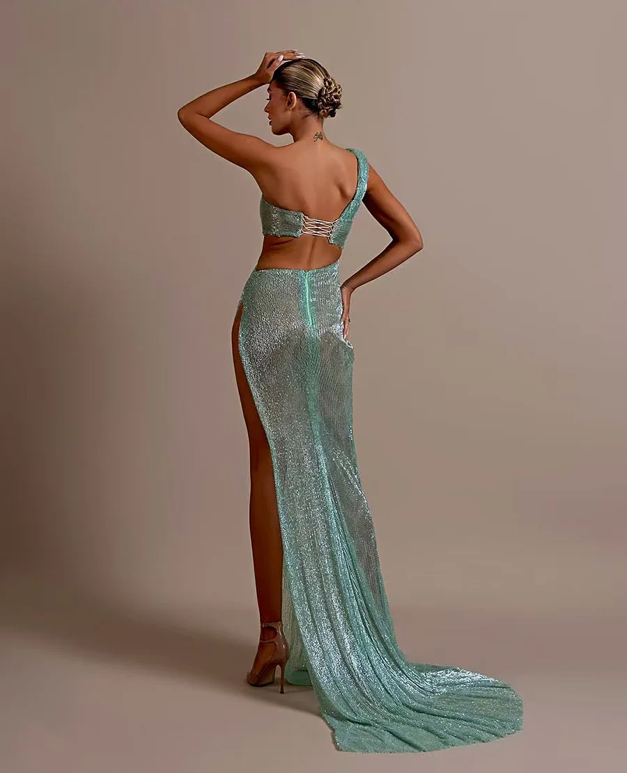 Sexy Hollow waist Evening Dress Backless One Shoulder High Spilt Sequins Prom Gown for Birthday Party Custom Gala Dress