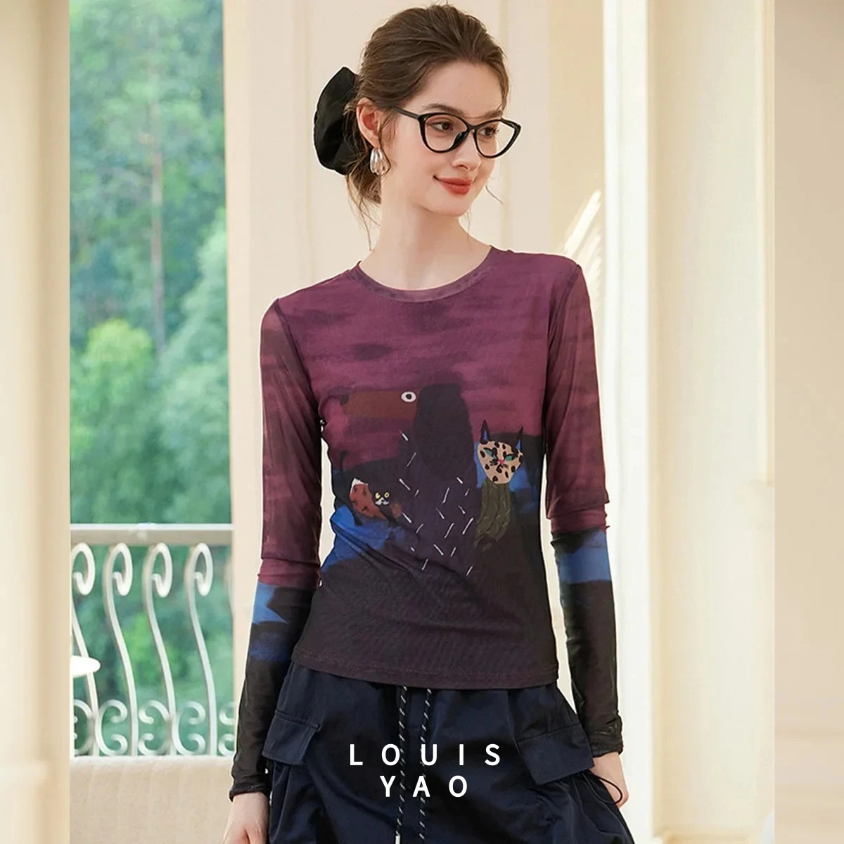 

LOUISYAO Casual Printed Cartoon T-shirt 2025 Autumn/Winter Tops Tees Micro Elastic Round Neck Women's Long Sleeve T-shirt