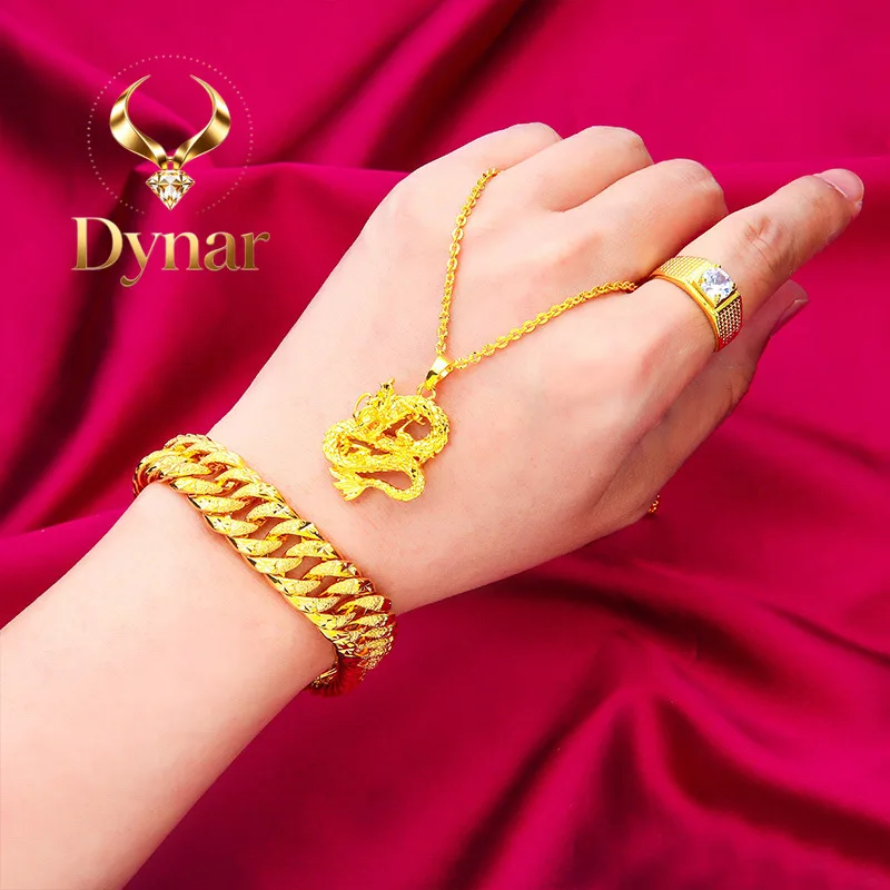 Dynar Jewelry    Wide Edge Bracelet, Necklace Ring Set for Men 24K Gold, AU999 Double sided star track engravings rotating ring