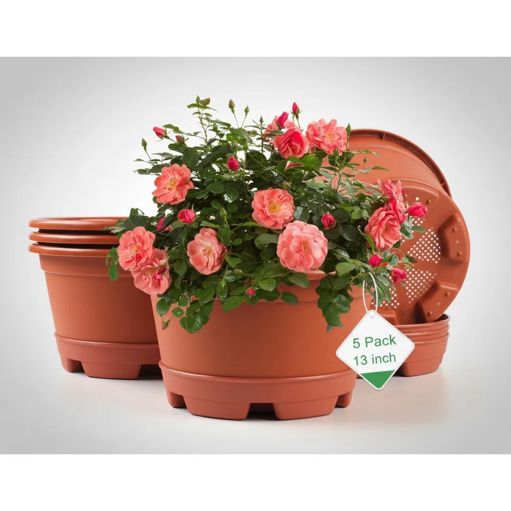 

Современные декоративные цветочные горшки, 5 шт. в упаковке с блюдцами, легкие большие горшки из смолы для комнатных и наружных садовых растений