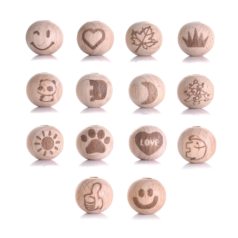 DIY 50Pcs 16mm Wooden Beads Printing Beads Heart Moon Beech Round Spacer Natural Baby Teether Lead-Free Wooden Balls Accessories