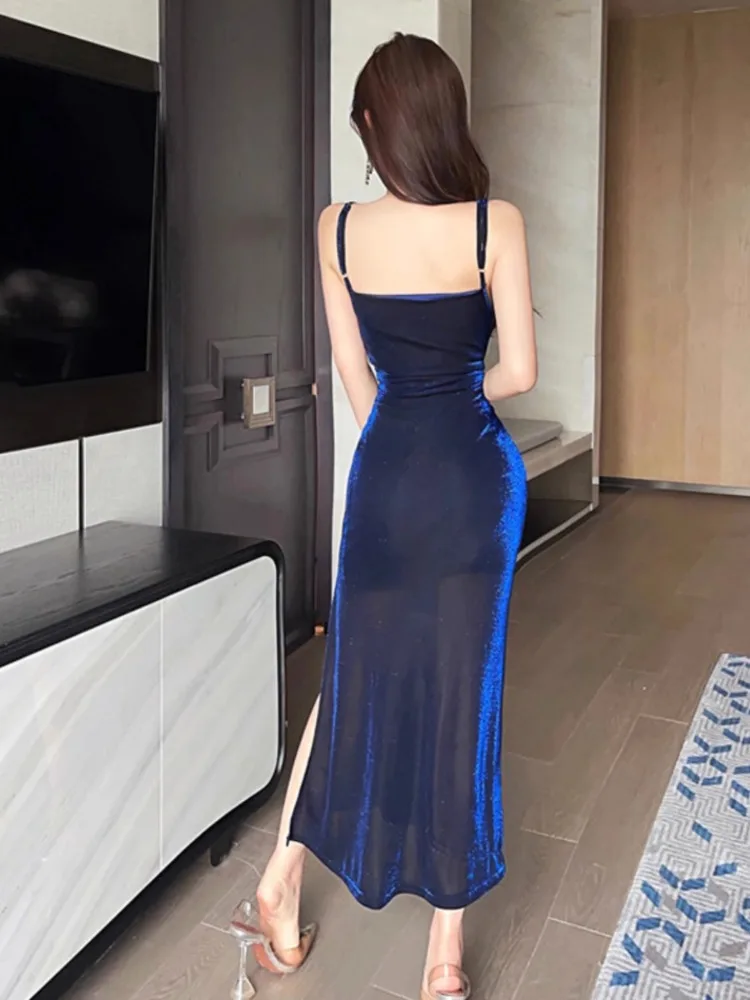 Kimotimo Luxury Shiny Silk Sling Dress Women Sexy Slash Neck Temperament Shirring Split Long Dresses Evening Party Vestidos Ins