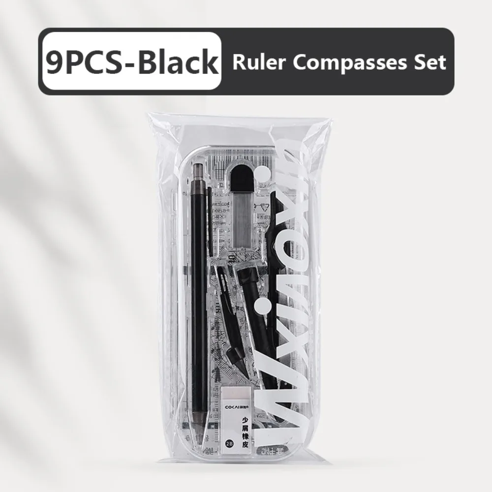 8PCS/Set Plastic Ruler Compasses Set Eraser Straight Ruler Protractor Set Square Mechanical Pencil Measuring Ruler Gift