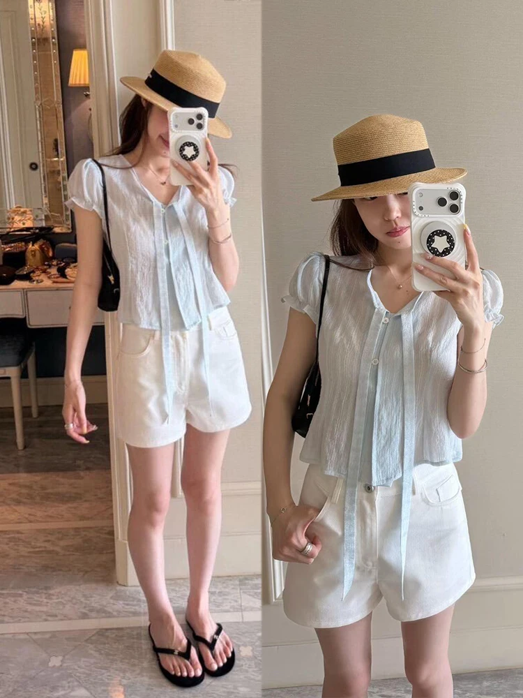 

Summer 2026 Trendy Blue Shirt White Shorts Set Women's Fashion Korean Style Breathable High Waist Short Length Bubble Sleeve