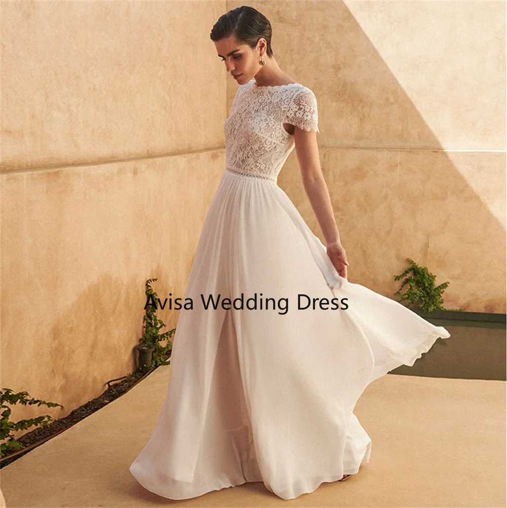 

Bohemian Chiffon A-Line Scoop Lace Boho Wedding Dress For Women Short Sleeves Floor Length Backless vestidos de novia 2024