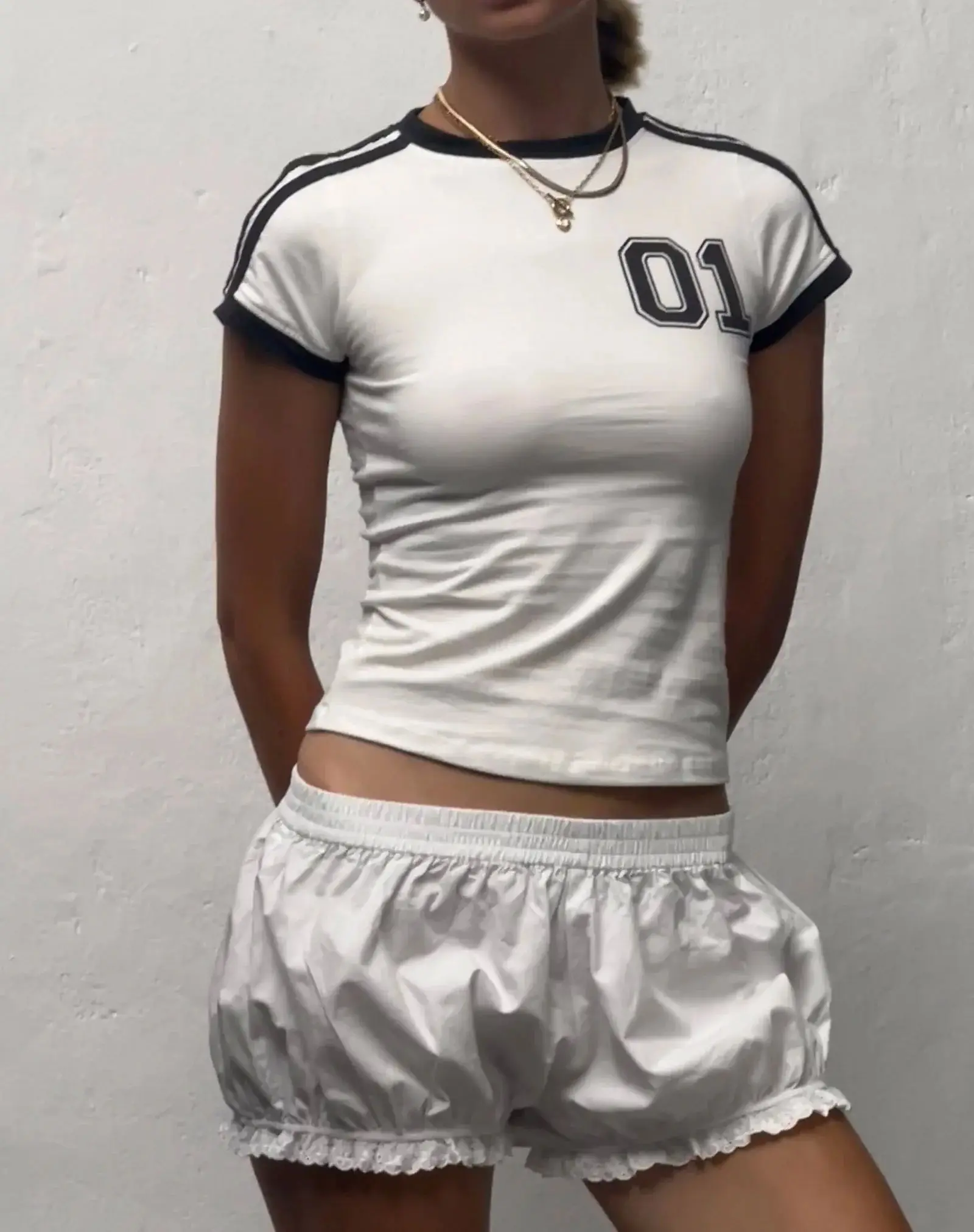 Y2K T-shirt imprimé blanc pour femme 2024 Or Sve Faionable haut décontracté pour la saison d'automne longueur Sve sept-quarts