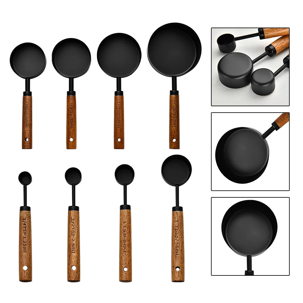 

4Pcs Wooden Handle Stainless Steel Measuring Cups Spoons Baking Tools Coffee Measuring Spoon Set Bartending Scale Accessories