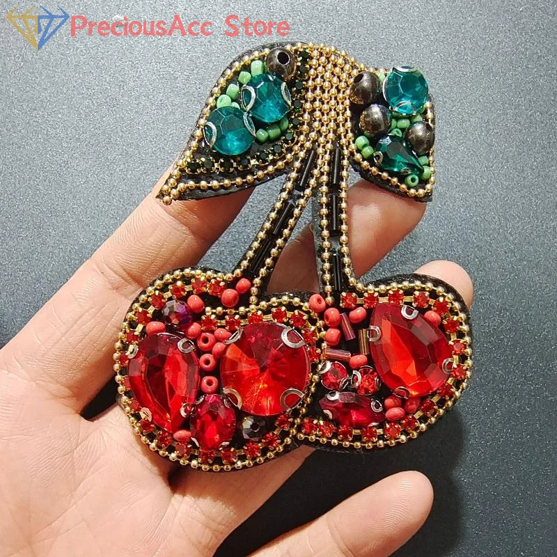 Red Handmade Beaded DIY Decoration Rhinestone Cherry Heart Patch For Clothing Bag Applique Accessories