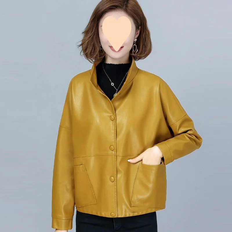 

Leather Jacket Women 2025 Spring Autumn New Loose Coat Yellow Short Style Stand Collar Single Breasted Designs with Pockets Tops