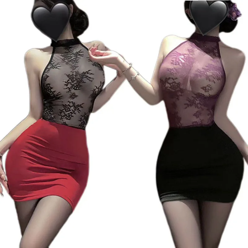 

Sexy Office Lady Temptation Lace Secretary Hip Hugging Skirt Uniform Sleepwear Perspective Cosplay Costume Women Hollow Out Set