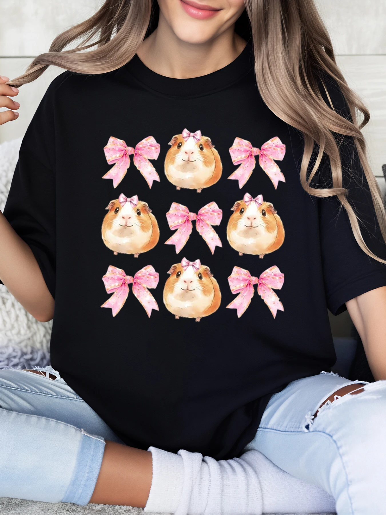 Porca de cobaia com laço rosa estampado camiseta de Halloween feminina roupa casual preta plus size