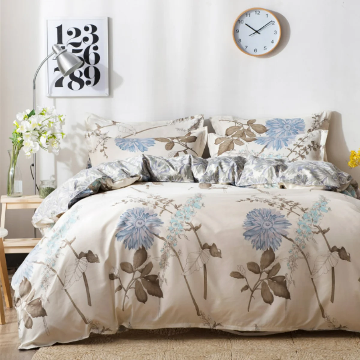 Botanical Floral Duvet Cover Set 3PCS Chrysanthemum Pattern Comforter Cover Microfiber Farmhouse Flower Leaves Bedding Set Twin
