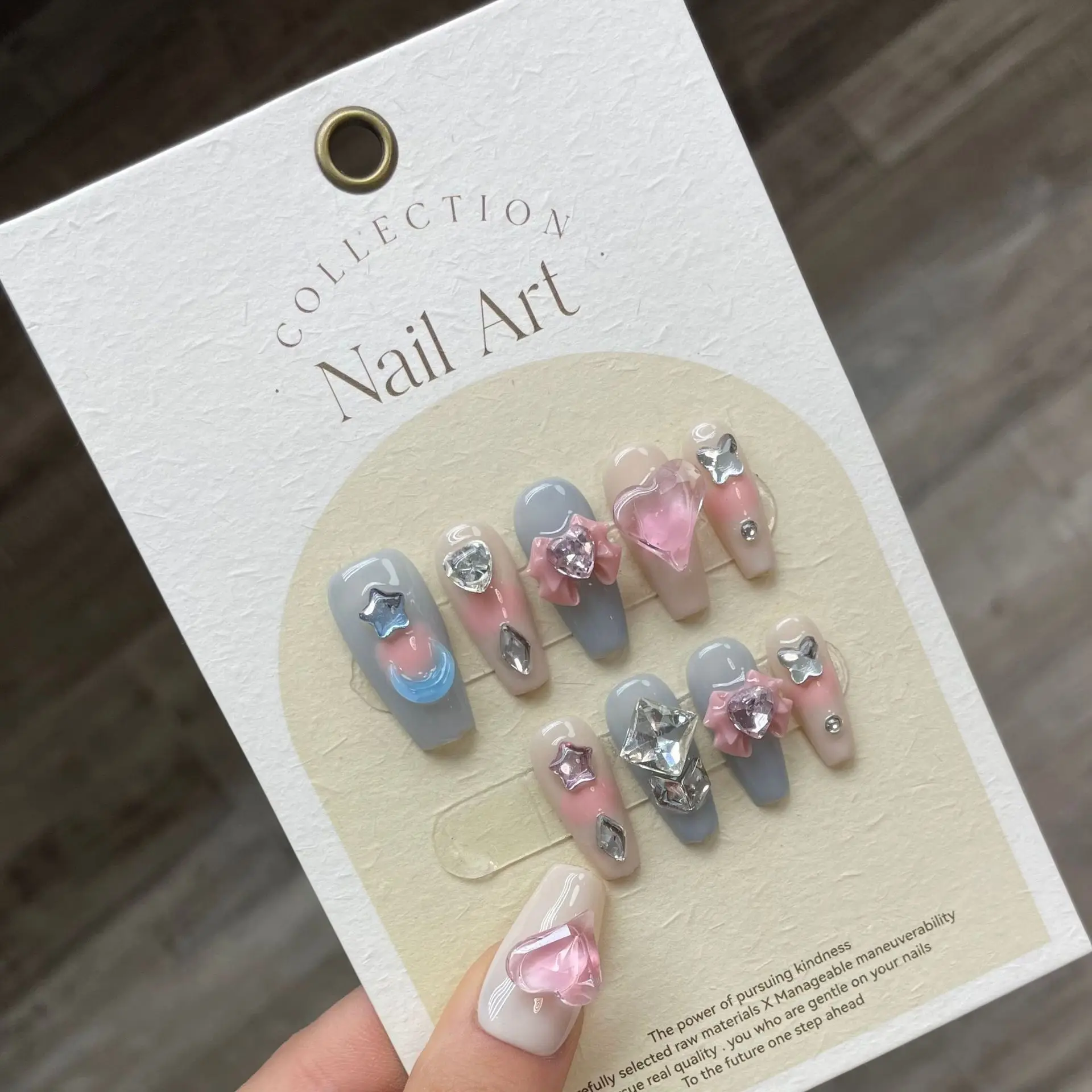 Handmade Press on Nails Pink Love Sweet Candy Color False Nail Patches Wearable Full Cover Korean Star Moon Fake Nails 10pcs