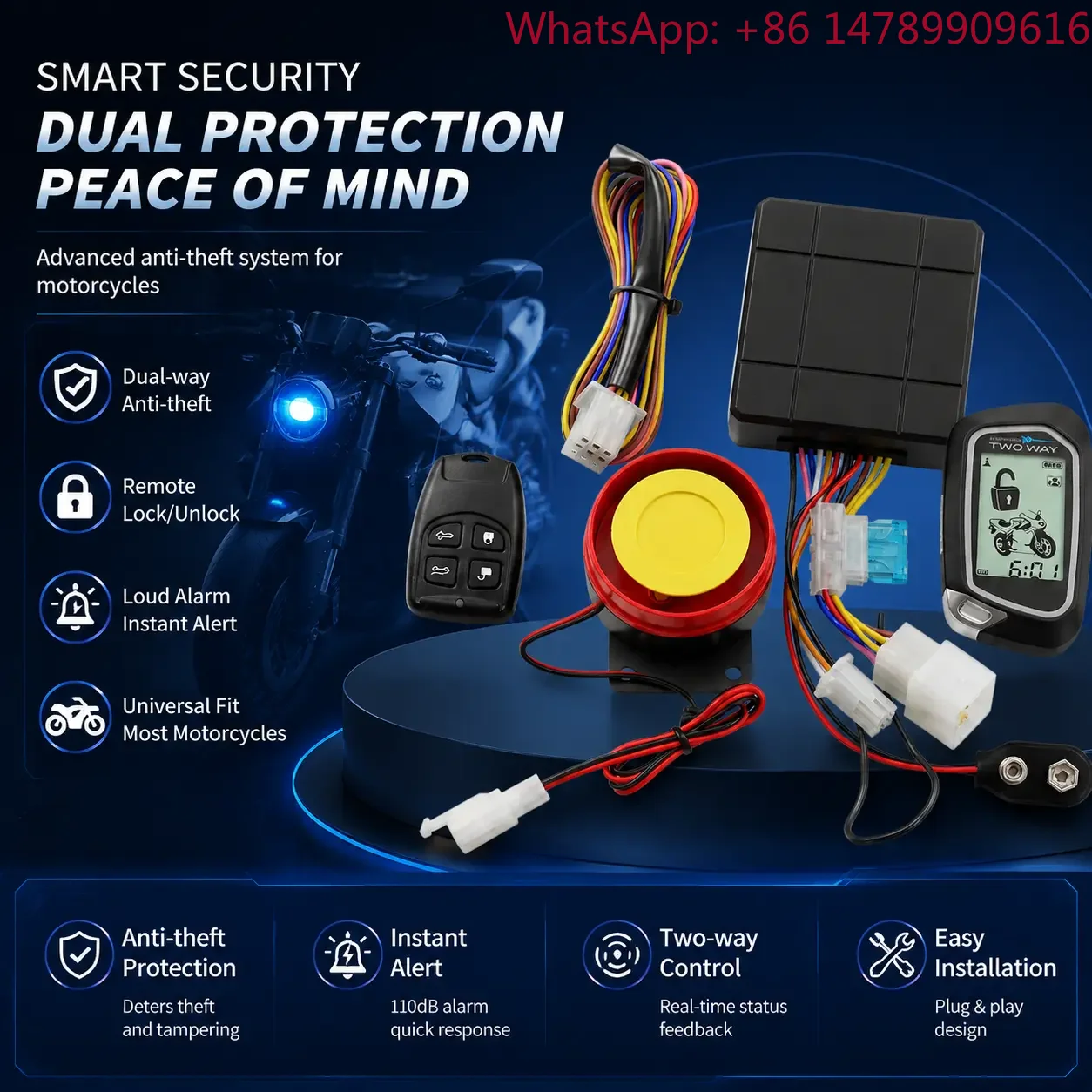 Universal Motorcycle Alarm Controller with LCD Two Way Remote and Anti Theft Vibration Detection