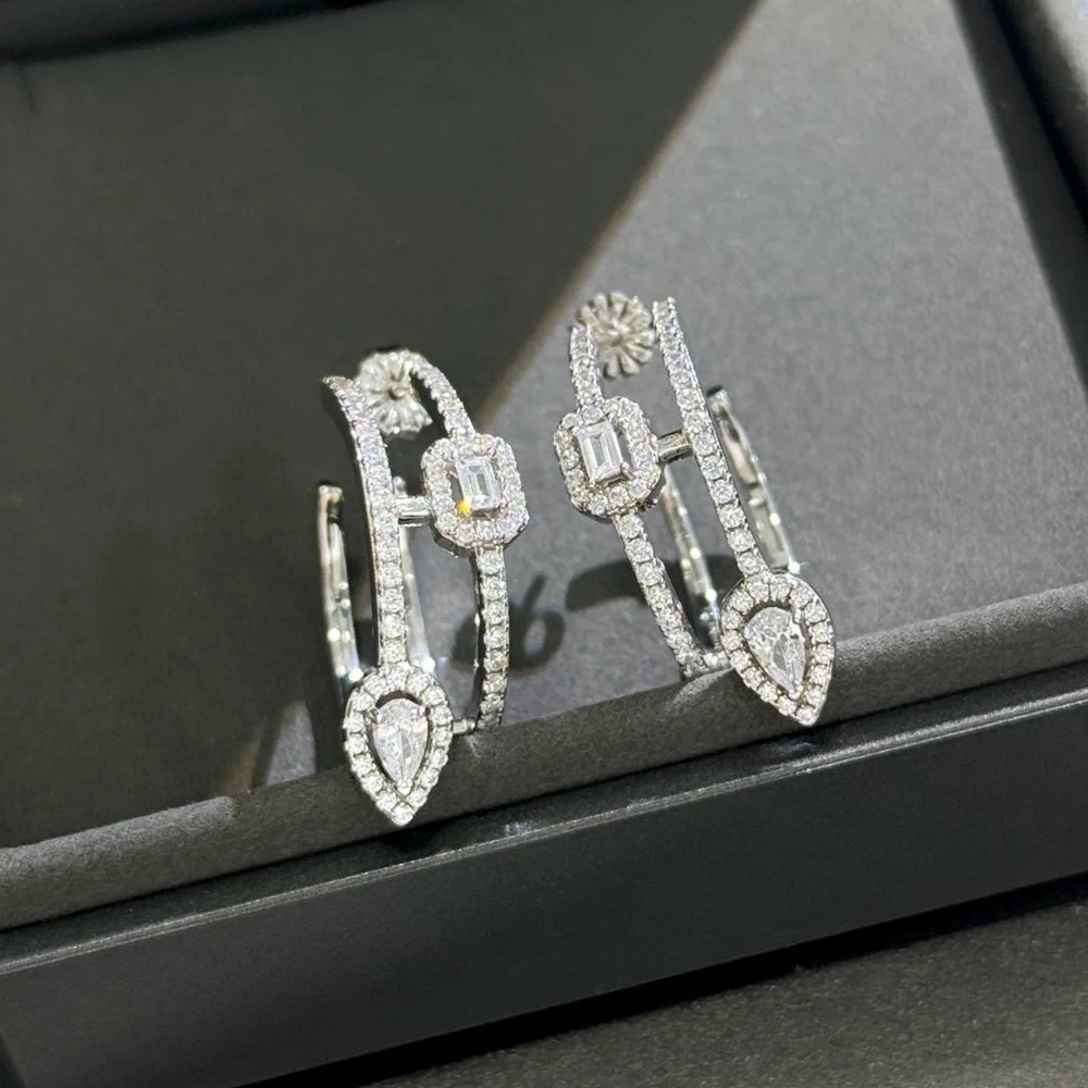 

100% 925 Sterling Silver Pave AAA Zircon Water Drop Square Shape Ear Stud Earrings For Women Fine Jewelry