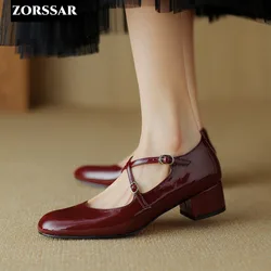 Size 40 Women Leather Shoes Square Toe Mary Janes Shoes Red Silver Girls Student School Shoe Mid Heel Lolita Shoes Oxford Shoe