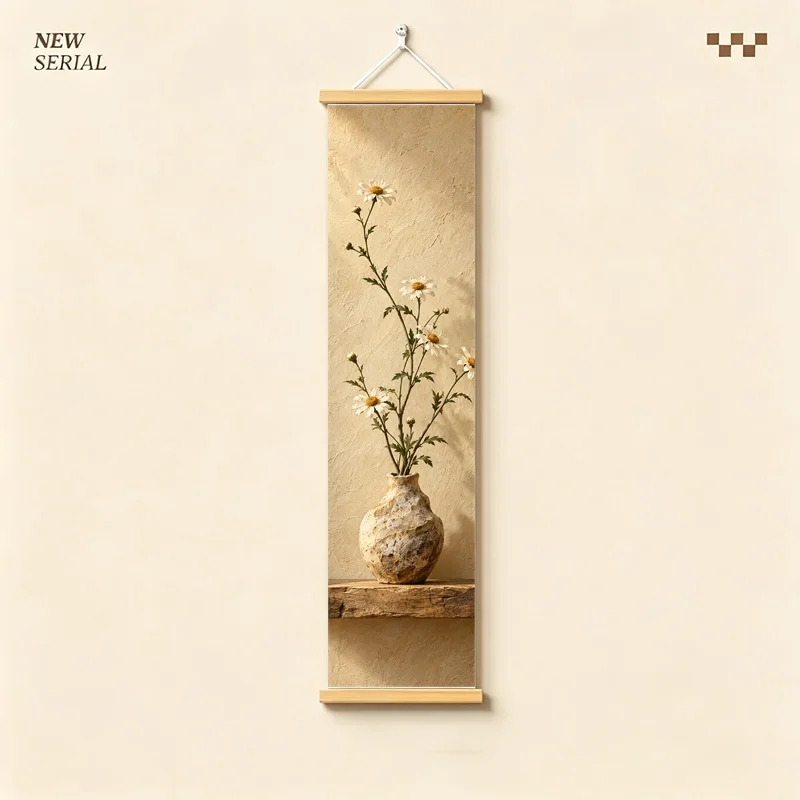 Wall Art Shasta Daisy and Fountain Grass, Calm Wabi-Sabi Silver Shimmer Canvas Hanging Scroll for Peaceful Boutique Hotel