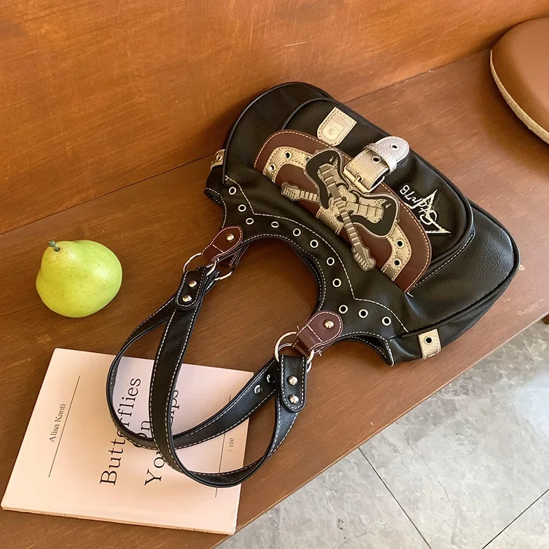 

Cowboy Style Guitar Bass Large Capacity Shoulder Bags Retro American Cool PU Leather Y2k Handbag Underarm Bag Women Bags Purse