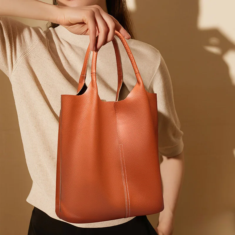 Soft Comfortable Genuine Leather Lady Handbag Large Capacity Women Bucket Tote Bags Elegant Female Composite Shoulder Bag New