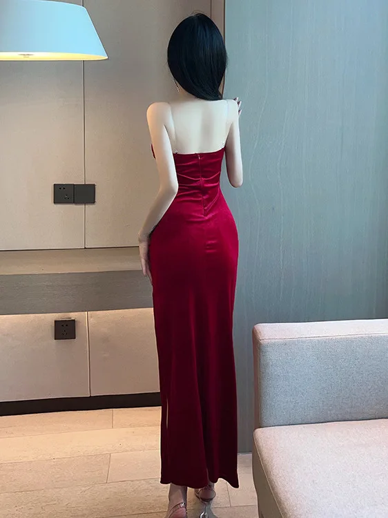 2023 Summer Women\'s Sexy Temperament ceremonial dress Wrapped Chest backless High Split Velvet Wrapped Hip Red Long Dress FQ4B