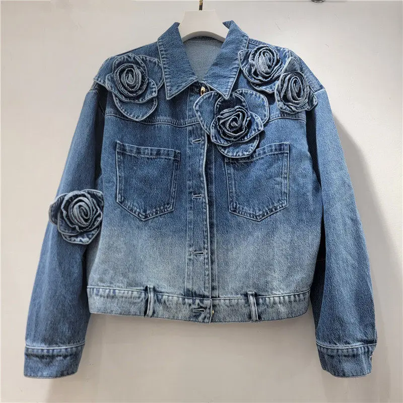 Fashion Flower Decoration Blue Denim Jacket Autumn Women Short Cowboy Outerwear Lapel Long Sleeve Jeans Jackets