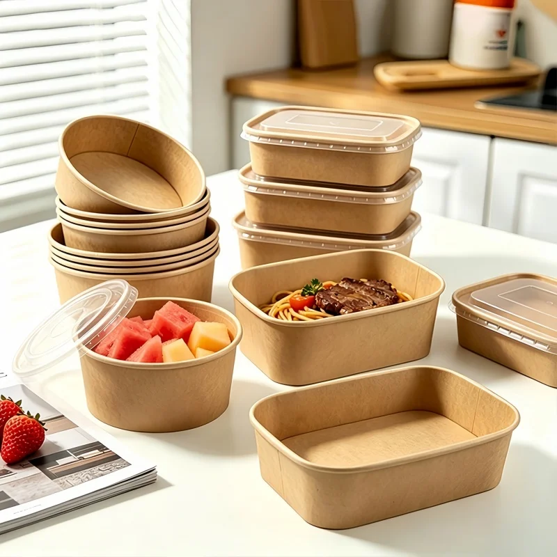 Round/Rectangle Kraft Paper Bowl With Lid Lunch Box Disposable Takeaway Meal Box Salad Bowl Disposable Food Container Tool