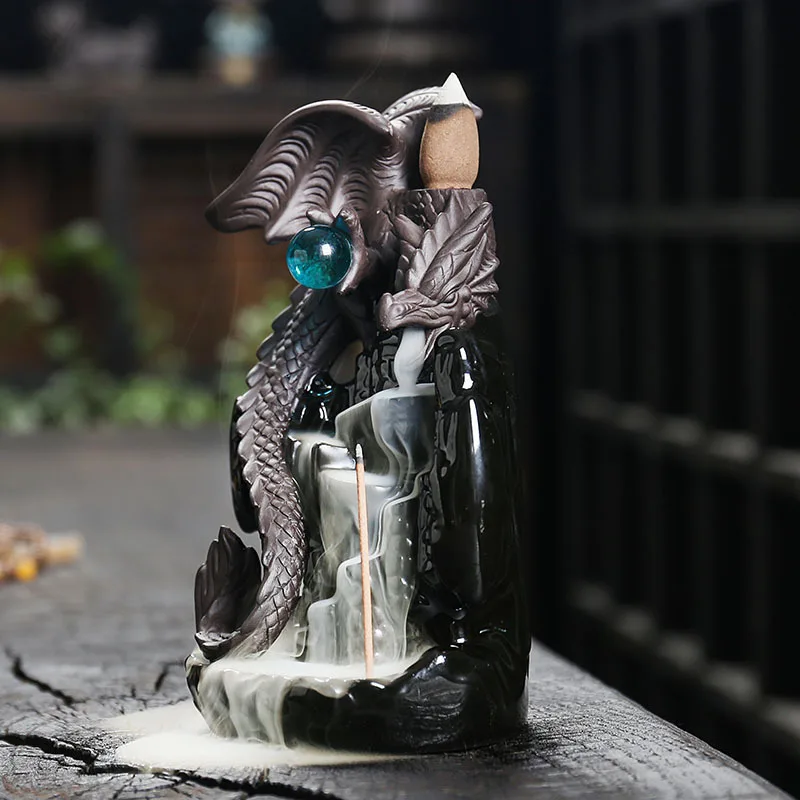 Dragon Backflow Incense Burner Purple Clay Ceramic Pterosaur Figurine Home Decor Creative Ornament Gift