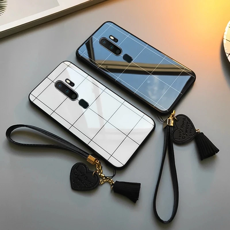 For Xiaomi Redmi 9 9A 9C 8 8A 7A Case Lattice Line Glossy Hard Glass Cover For Redmi Note 12 11 9s 9 Pro max 8 Pro 10 Give Strap