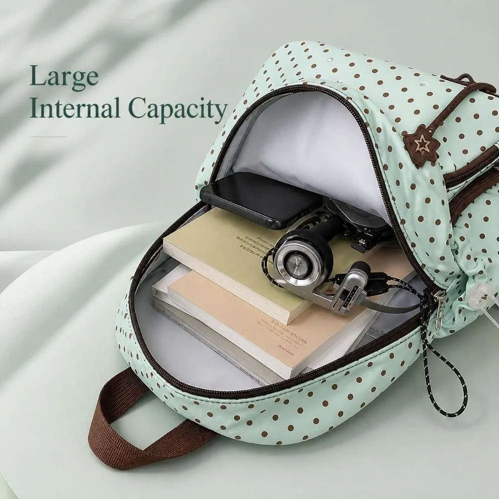 Lovely Polka Dot Student Backpack Transparent Pocket Lightweight Rucksack Durable Multi‑pocket Backpack School