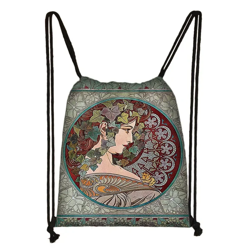 Alphonse Maria Mucha mochila con cordón para mujer, bolsa de almacenamiento al aire libre para zapatos de viaje, soporte para libros, pintura al