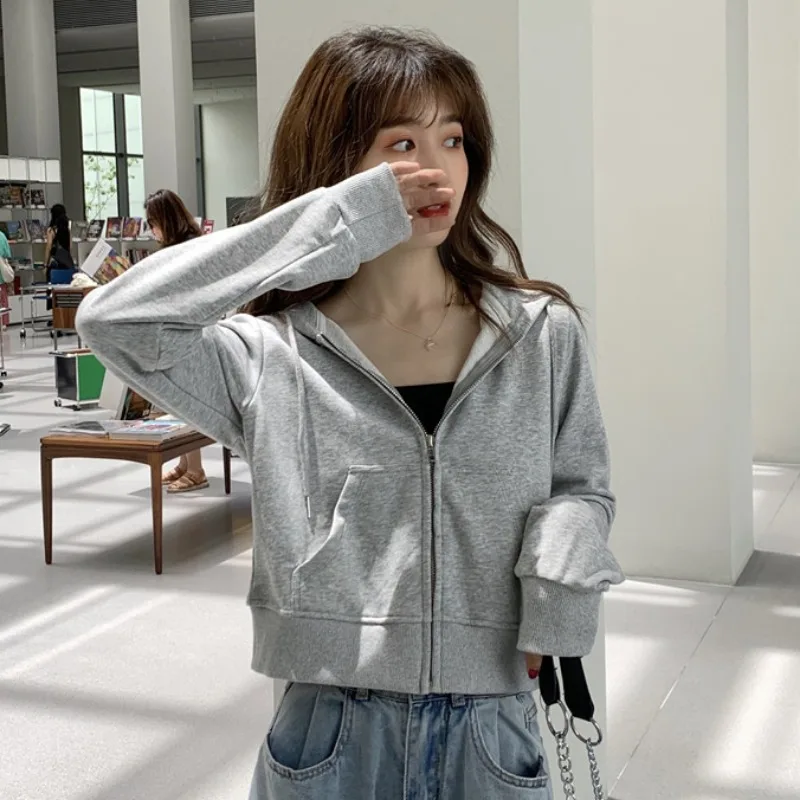 New Spring Autumn Women Short Zip-up Hoodie Trendy Loose Cardigan Jacket Girls Students Casual Long-sleeve Top Woman Sporty Lady