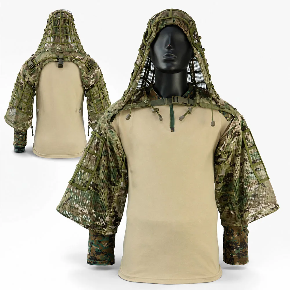 Tactical Hooded Mesh Ghillie Suit Camouflage Uniform Outdoor Concealment Field Gear for Hunting Airsoft Shooting Wargame Trainin