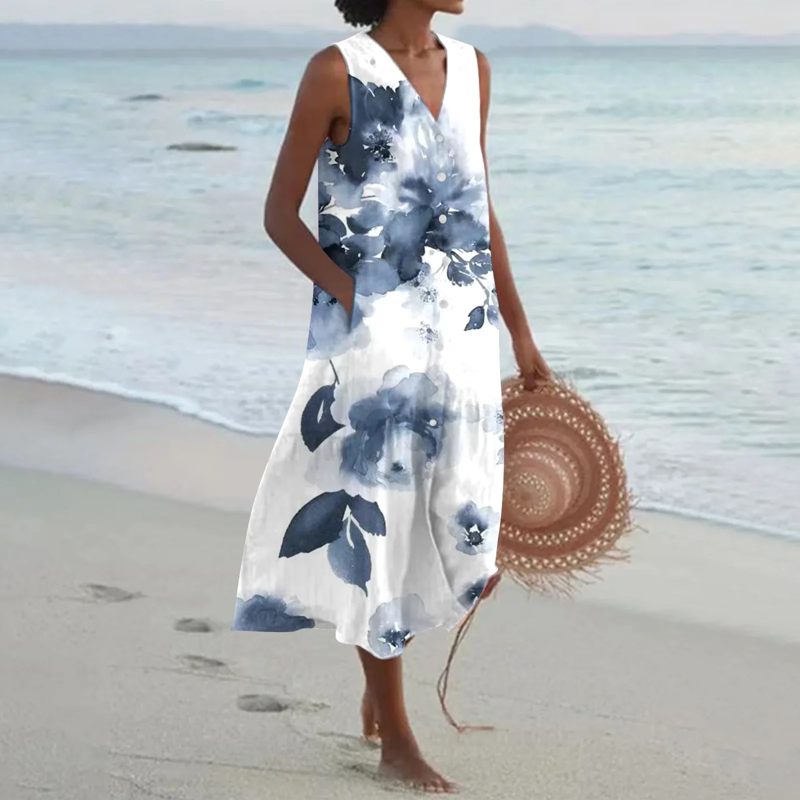 Summer 2024 Women's Long Dress V-Neck Loose New Elegant Fashion Print Beach Resort Robe Party Style Large White Dress for Female