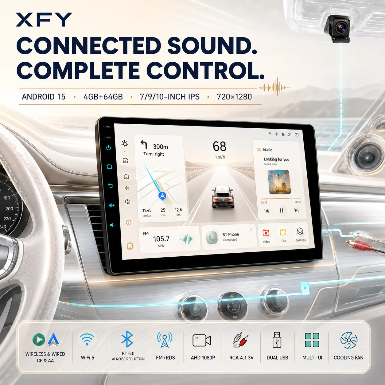 XFY 2Din Universal Car Radio Android auto Carplay Android 15 4G GPS Car Audio 7/9/10in WIFI BT IPS Automotive Multimedia Player