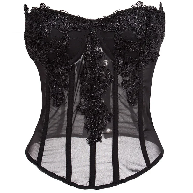 Pink Chiffon Lace Applique Corsets Top Overbust Bustiers Embroidery Padded Cup Lingerie Slimming Gothic Steampunk Women Corsets