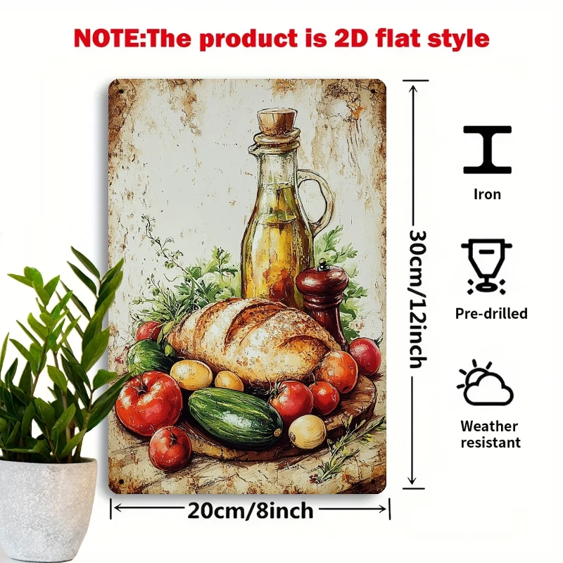 2D Flat, 1pc Vintage Mediterranean Kitchen Metal Wall Art Sign - 8.0X12.0inch Rustic Olive Oil, Bread & Tomato Retro Durable Pla
