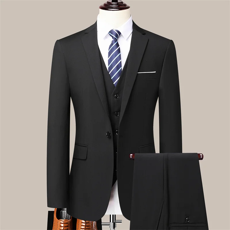 High Quality Solid Color Suit (suit +vest +trousers) 2024 New Men\'s Fashion Casual Handsome All Fashion Business Three-piece Set