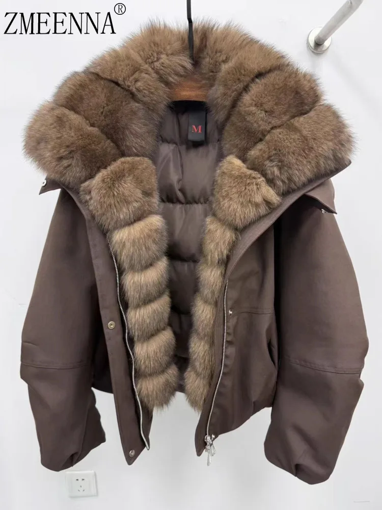 

ZMEENNA женский роскошный короткий пуховик с меховым воротником, кожаное теплое зимнее пальто, верхняя одежда, коричневый модный шик ZM4317