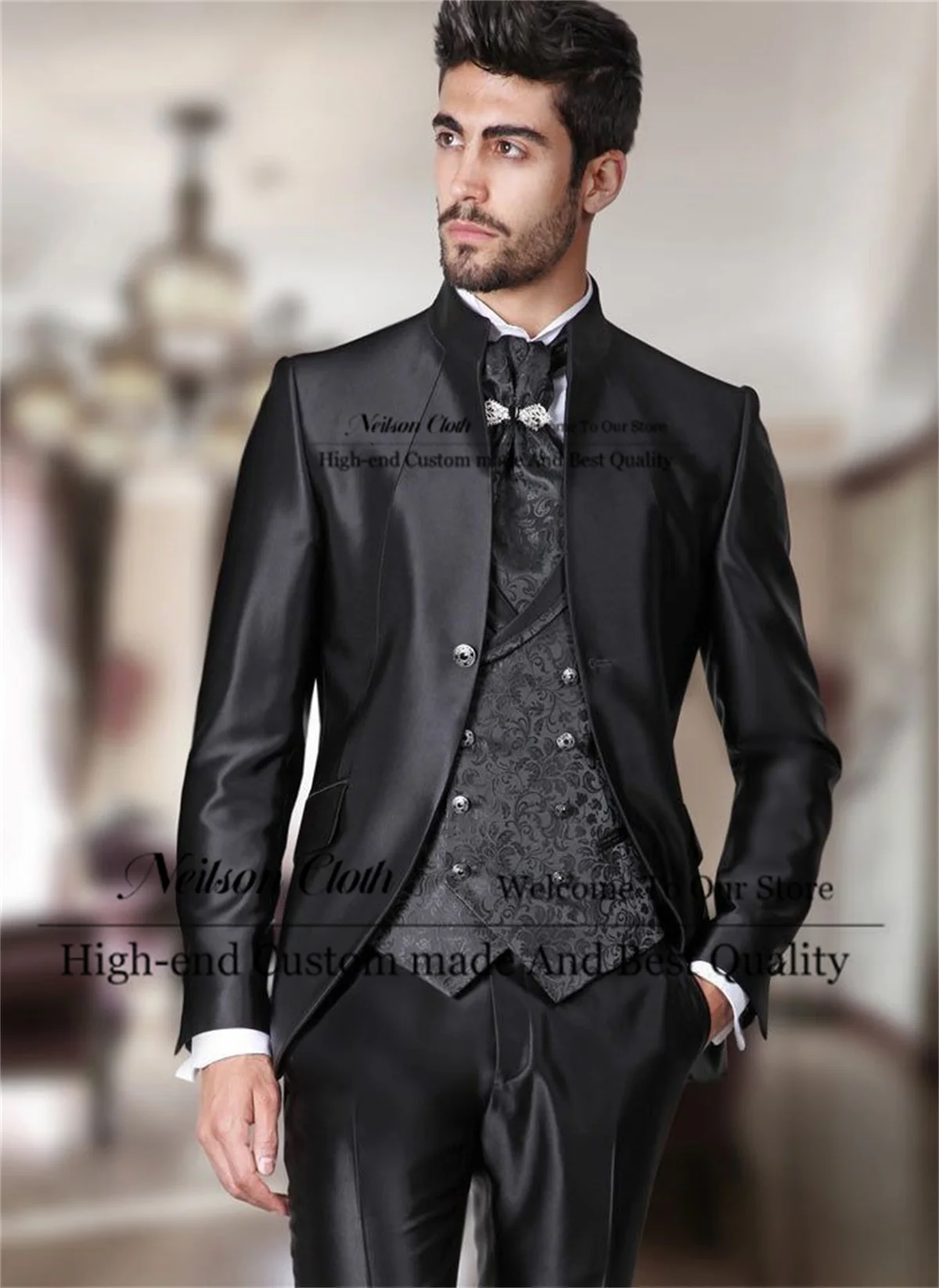 

Fashion Black Male Prom Blazers 3 Pcs Sets Stand Collar Groom Wedding Tuxedos For Men Jacquard Vest Customized Costume Homme