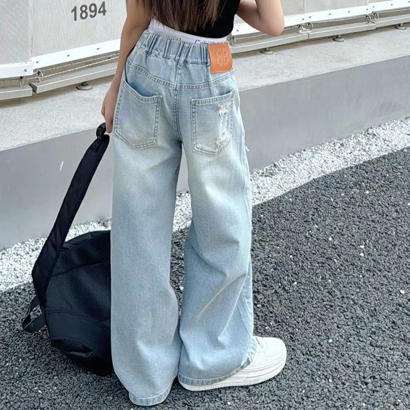 New Summer Girls Hole Jeans Thin Fashion Loose Straight Trousers Teenage Casual Hundred Simple Children\'s Trousers Streetwear