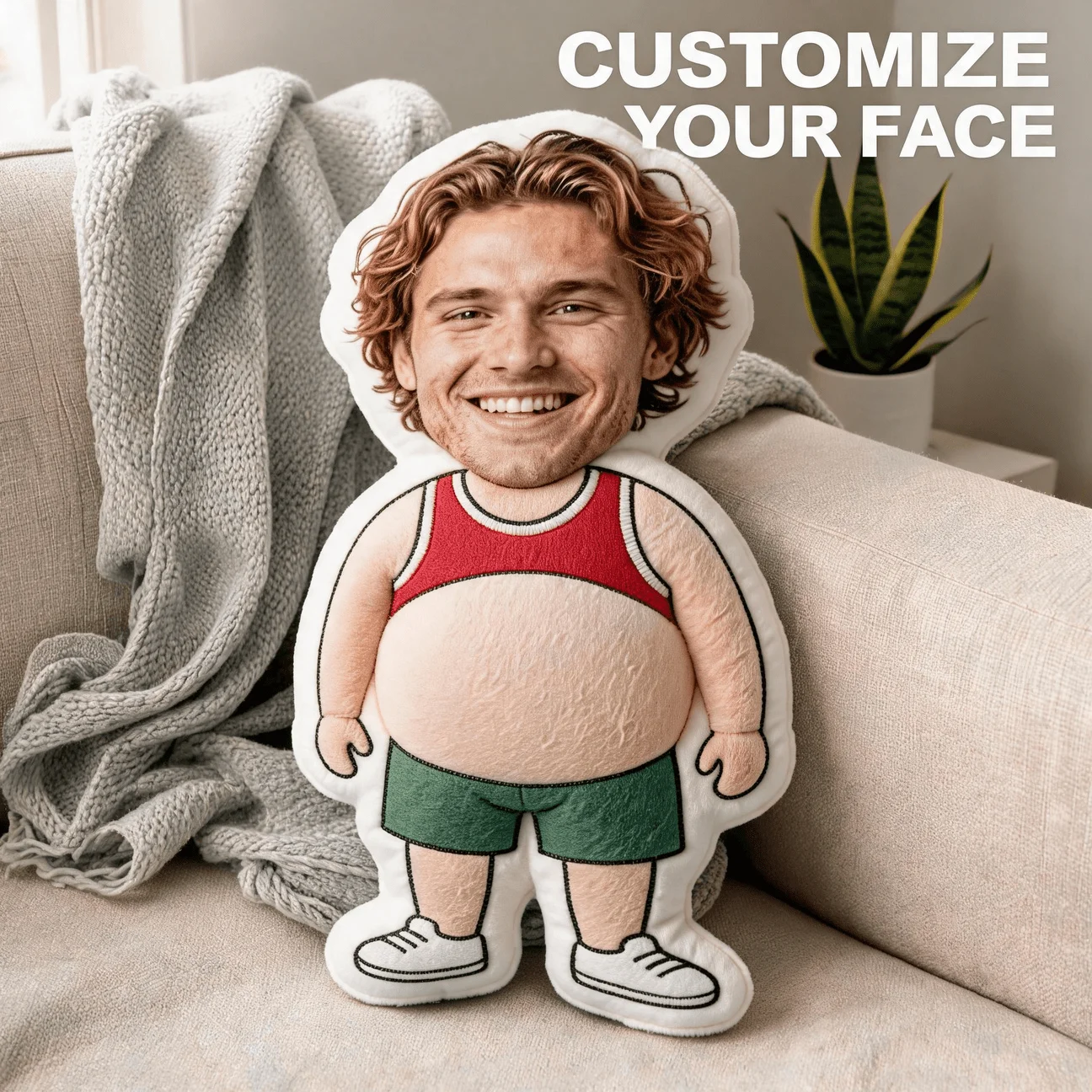 Custom Funny Face-Shaped Pillow, Personalized Photo of Smiling Man in Red Tank Top Custom Body Decorative Cushion, Hilarious Gif