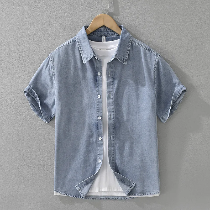

Japanese Style Denim Shirts for Men Casual Loose Fit Cotton Short Sleeve Men's Shirt Fashion Summer Tops Male TS-895