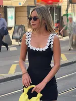 HH Female Summer Sexy Slim Dress 2 Color Solid Square Collar Sleeveless Backless Flower Decoration Women's Fashion Dresses - Image 3