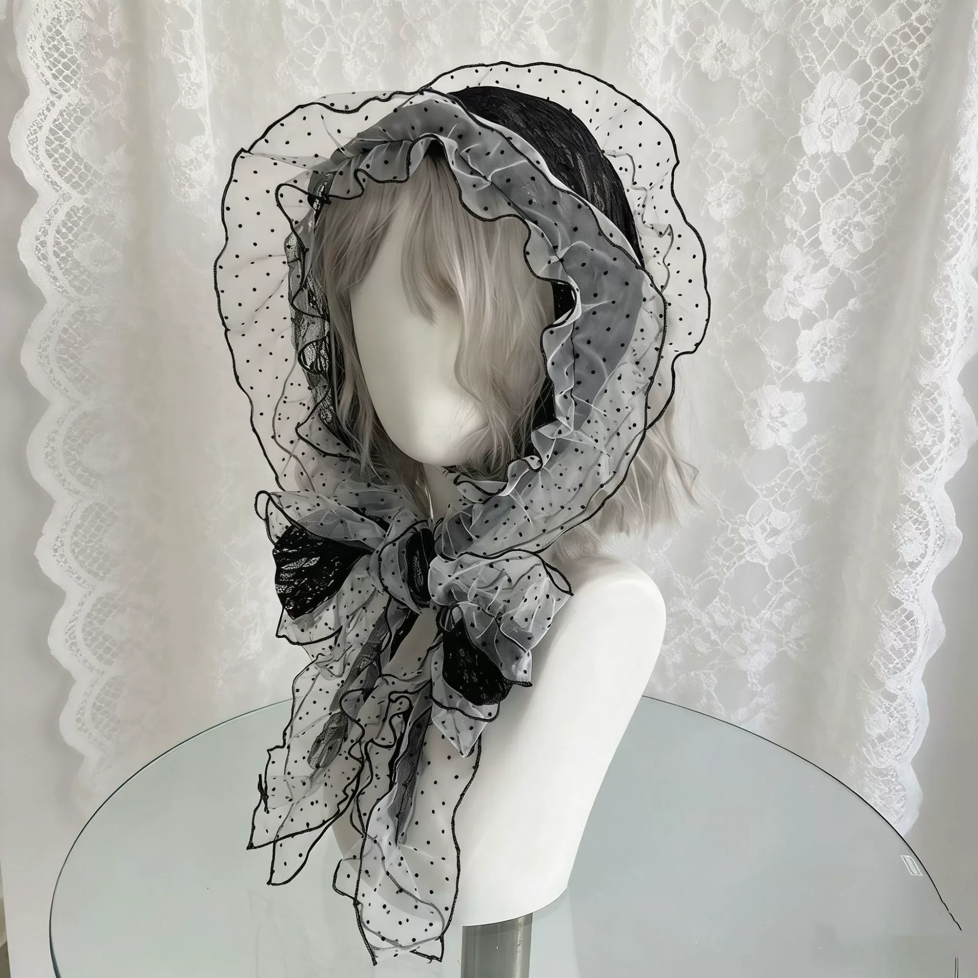 

Japanese Lace Fungus Edge Polka Dot Silk Scarf Summer Women's Sun Protection Sweet Retro Long Skirt Curtain Sun Protection Shawl