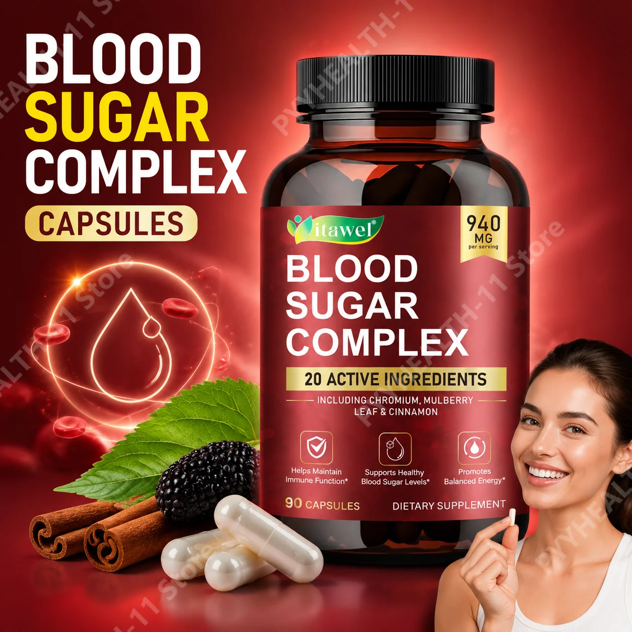 Itawel Blood Sugar Complex Capsules,Immune and Anti-Fatigue,Promotes Metabolic Balance,Natural and Organic,for Adults,90 pcs
