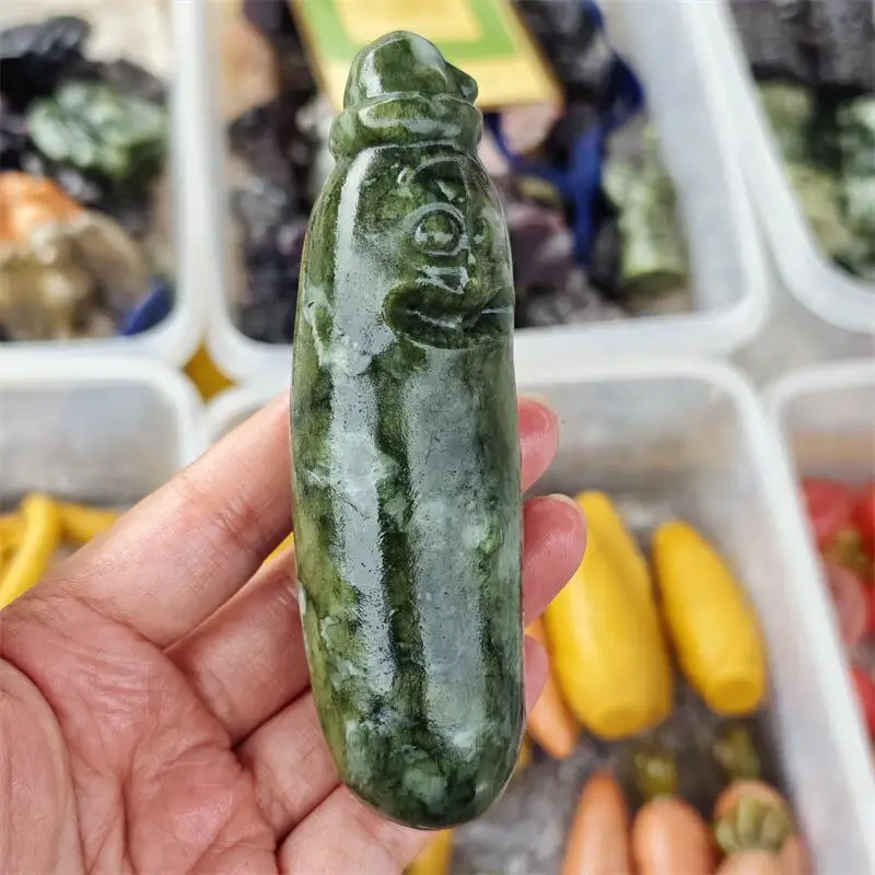 Natural Green Jade Cartoon Sausage Carving Reiki Healing Fengshui Stone DIY Holiday Crafts Gifts 1pcs