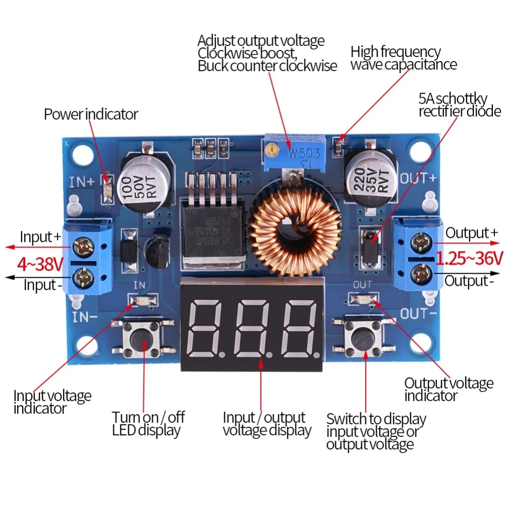 Moduł przetwornicy DC-DC XL4015E 4.0V~38V na 1.25V~36V 5A 75W, obniżający napięcie (Buck), z podwójnymi przyciskami i regulacją napięcia.